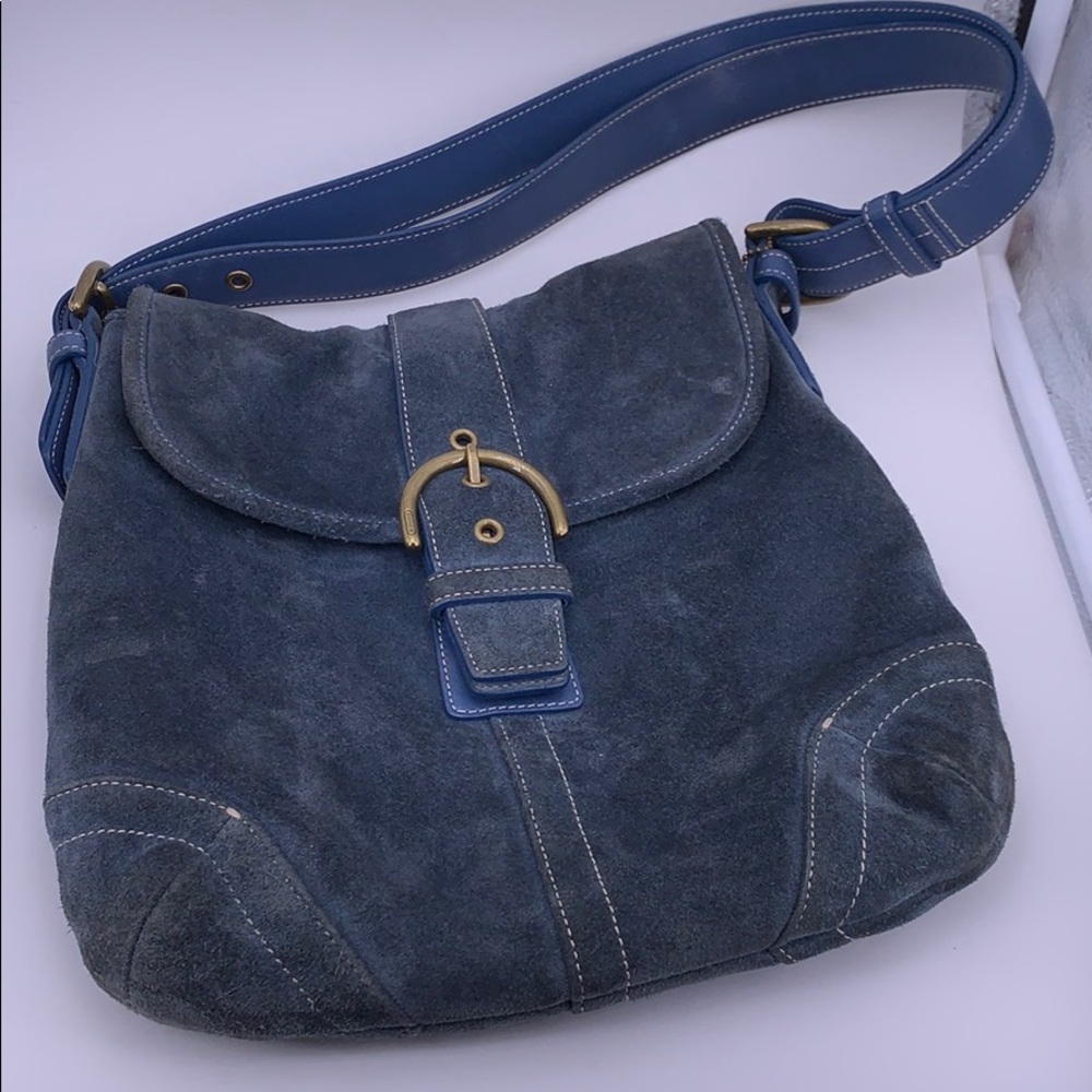 Blue suede Coach messenger bag